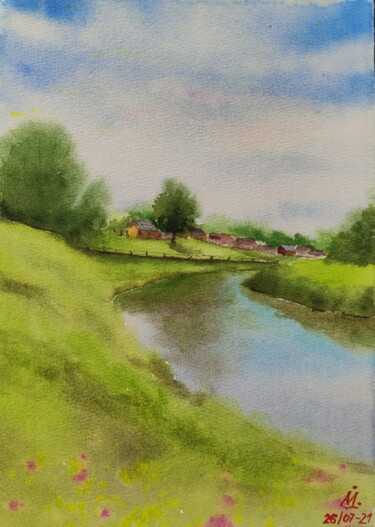 Schilderij getiteld "Summer landscape" door Tanya Cooper, Origineel Kunstwerk, Aquarel