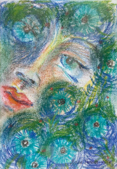 Pittura intitolato "А cornflower gaze.…" da Tanya Dolya, Opera d'arte originale, Pastello Montato su Altro pannello rigido