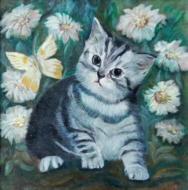 Schilderij getiteld "The kitten is strip…" door Tanya Dolya, Origineel Kunstwerk, Olie Gemonteerd op Frame voor houten branc…