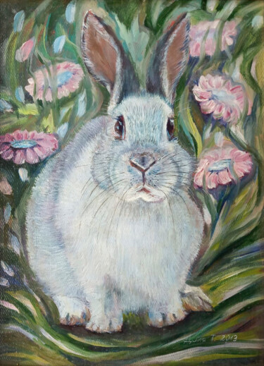 Malarstwo zatytułowany „A white rabbit. Ser…” autorstwa Tanya Dolya, Oryginalna praca, Olej Zamontowany na Drewniana rama no…