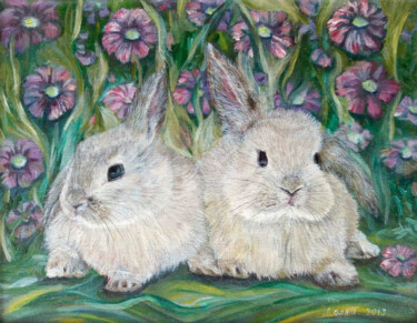 Painting titled "A pair of white rab…" by Tanya Dolya, Original Artwork, Oil Mounted on Wood Stretcher frame