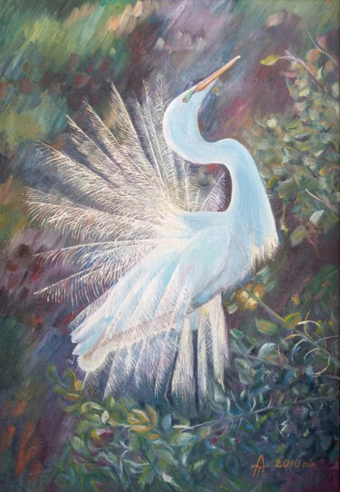 Painting titled "Dawn bird. The whit…" by Tanya Dolya, Original Artwork, Oil Mounted on Wood Stretcher frame