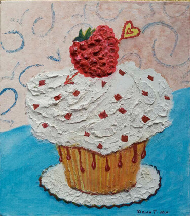 Painting titled "Raspberry cake. Ser…" by Tanya Dolya, Original Artwork, Oil Mounted on Wood Panel