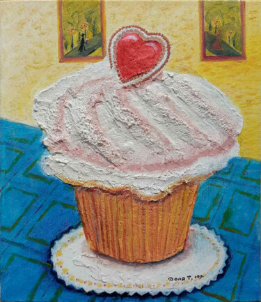 Painting titled "Cake with a heart.…" by Tanya Dolya, Original Artwork, Oil Mounted on Wood Panel