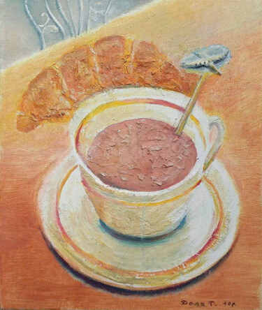 Painting titled "Cappuccino, croissa…" by Tanya Dolya, Original Artwork, Oil Mounted on Cardboard