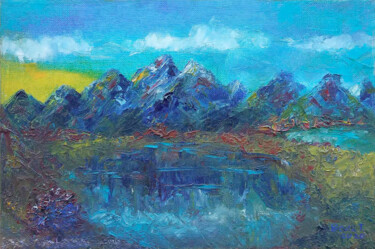Painting titled "Blue Mountains Land…" by Tanya Dolya, Original Artwork, Oil Mounted on Wood Stretcher frame