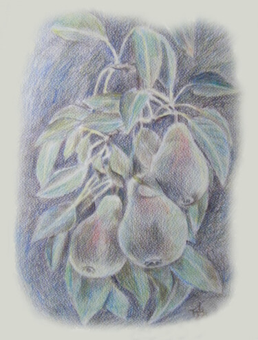 Рисунок под названием "Green pears on a tr…" - Tanya Dolya, Подлинное произведение искусства, Карандаш