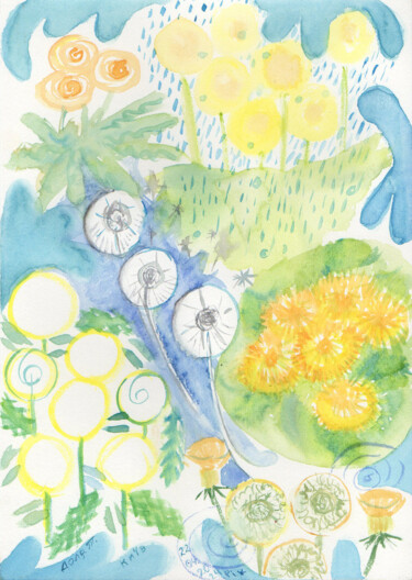Malerei mit dem Titel "Dandelions sun yell…" von Tanya Dolya, Original-Kunstwerk, Aquarell