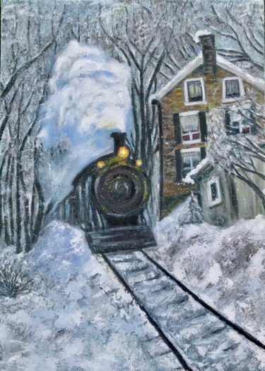 Malerei mit dem Titel "Зимний поезд" von Tanya Dulac, Original-Kunstwerk, Öl