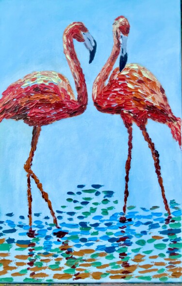 Painting titled "Розовый фламинго" by Tanya Dulac, Original Artwork, Oil