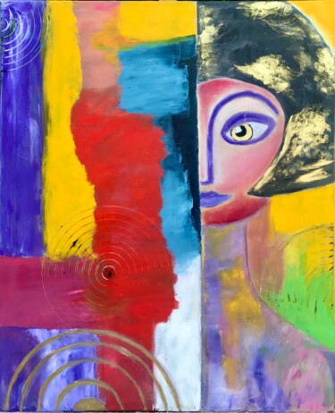 Painting titled "girl with yellow ey…" by Tanya Dulac, Original Artwork, Oil Mounted on Wood Stretcher frame