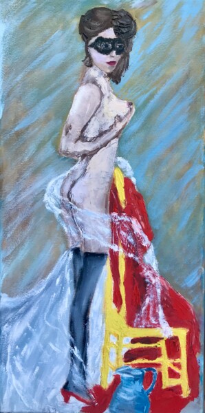Schilderij getiteld "naked girl in a mask" door Tanya Dulac, Origineel Kunstwerk, Olie