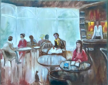 Peinture intitulée "Meeting in a cafe" par Tanya Dulac, Œuvre d'art originale, Huile Monté sur Châssis en bois