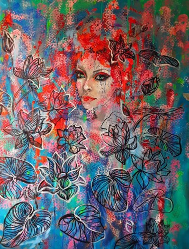 Painting titled "Lotus Girl" by Tanya Efe, Original Artwork, Acrylic