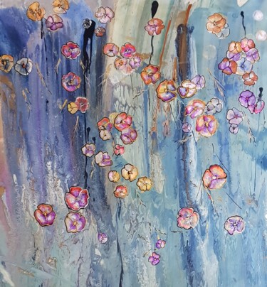 Peinture intitulée "Flowers on blue fro…" par Tanya Efe, Œuvre d'art originale, Acrylique
