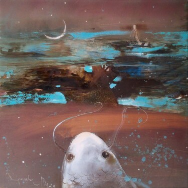 Painting titled "New Moon | Новая Лу…" by Tanya Grinevich, Original Artwork, Oil Mounted on Wood Stretcher frame