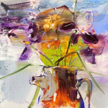 Painting titled "Bouquet with Irises…" by Tanya Grinevich, Original Artwork, Oil Mounted on Wood Stretcher frame