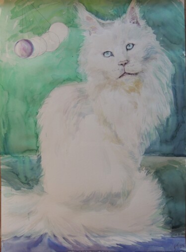 Malarstwo zatytułowany „Great White Cat” autorstwa Tanya Kutsenko, Oryginalna praca, Akwarela