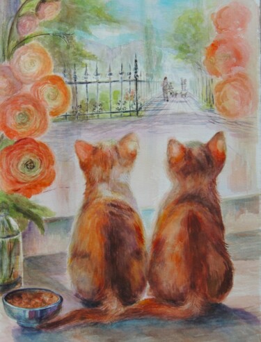 Malerei mit dem Titel "Two cats" von Tanya Kutsenko, Original-Kunstwerk, Aquarell