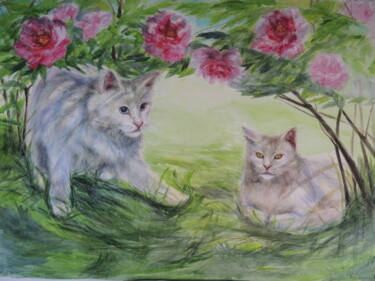 Malerei mit dem Titel "Cats in the garden" von Tanya Kutsenko, Original-Kunstwerk, Aquarell