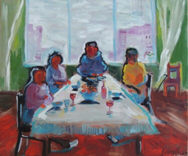 Schilderij getiteld "4 at the table" door Tanya Kutsenko, Origineel Kunstwerk, Olie