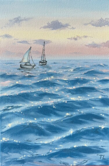 Malarstwo zatytułowany „Sea boats” autorstwa Tanya Lotsmanova, Oryginalna praca, Olej Zamontowany na Drewniana rama noszy