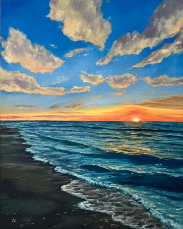 Painting titled "Sunset at the sea" by Tanya Lotsmanova, Original Artwork, Oil Mounted on Wood Stretcher frame