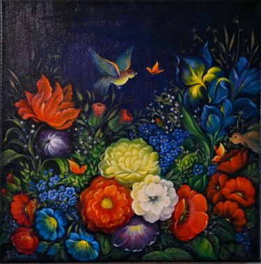 Peinture intitulée "Цветы с птичкой" par Tanya Shark, Œuvre d'art originale, Huile
