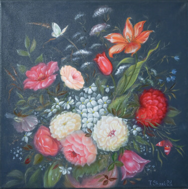 Painting titled "Цветы с бабочкой" by Tanya Shark, Original Artwork, Oil
