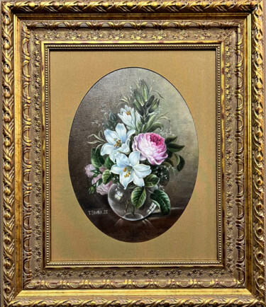 Картина под названием "Lilies in a vase" - Tanya Shark, Подлинное произведение искусства, Масло