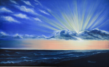 Картина под названием "Sunset on the ocean" - Tanya Shark, Подлинное произведение искусства, Масло