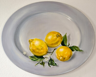 Schilderij getiteld "Lemons on a plate" door Tanya Shark, Origineel Kunstwerk, Olie