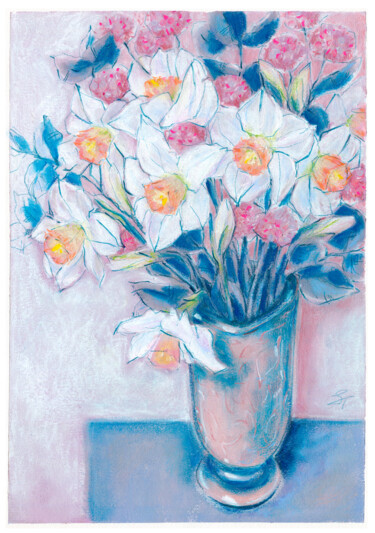 Painting titled "Daffodils, clover" by Tanya Sviatlichnaya, Original Artwork, Tempera