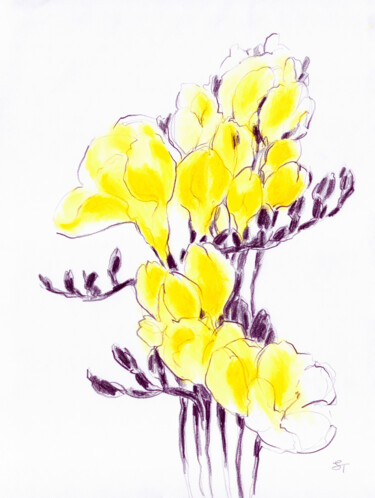 Tekening getiteld "Yellow Freesia 01" door Tanya Sviatlichnaya, Origineel Kunstwerk, Pastel