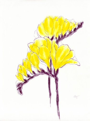 Zeichnungen mit dem Titel "Yellow Freesia 02" von Tanya Sviatlichnaya, Original-Kunstwerk, Pastell