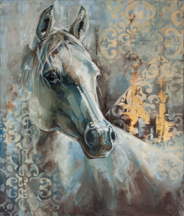 Painting titled "Blue horse" by Tanya Vell, Original Artwork, Oil Mounted on Wood Stretcher frame
