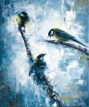 Painting titled "Titmouse" by Tanya Vell, Original Artwork, Oil Mounted on Wood Stretcher frame