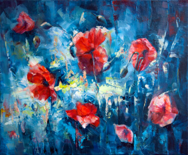 Painting titled "Red poppies" by Tanya Vell, Original Artwork, Oil Mounted on Wood Stretcher frame