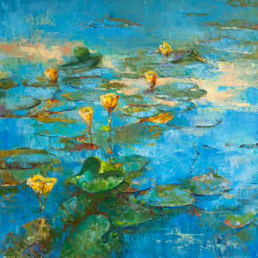 Painting titled "Water lilies" by Tanya Vell, Original Artwork, Oil Mounted on Wood Stretcher frame