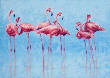 绘画 标题为“Pink flamingos” 由Tanya Vell, 原创艺术品, 油 安装在木质担架架上