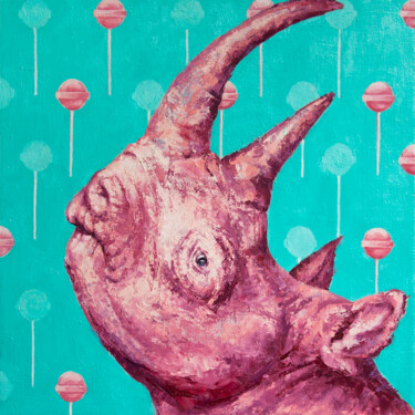 Painting titled "Rhino in pink" by Tanya Vell, Original Artwork, Oil Mounted on Wood Stretcher frame