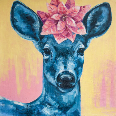 Painting titled "Roe deer in blue" by Tanya Vell, Original Artwork, Oil Mounted on Wood Stretcher frame