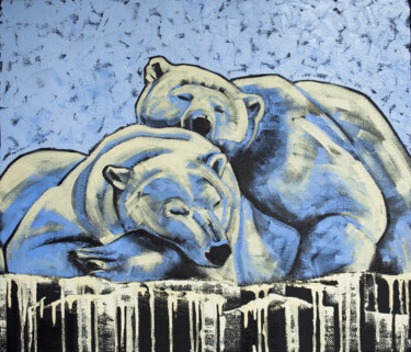 Painting titled "Polar bears" by Tanya Vell, Original Artwork, Oil Mounted on Wood Stretcher frame