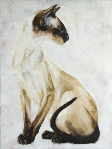 Painting titled "Cat" by Tanya Vell, Original Artwork, Oil Mounted on Wood Stretcher frame