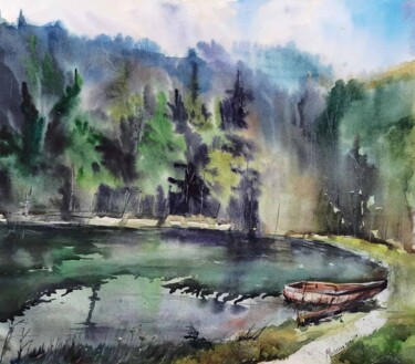 Картина под названием "Lake "Bukovinian ey…" - Tanya Yavorska, Подлинное произведение искусства, Акварель Установлен на плек…