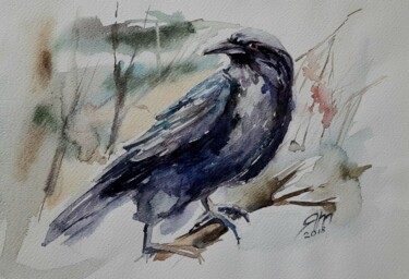 Painting titled "''Raven''" by Tanya Yavorska, Original Artwork, Watercolor Mounted on Glass