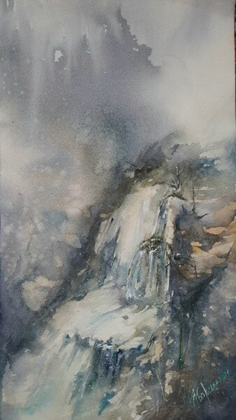 Painting titled "Waterfall "Huk"" by Tanya Yavorska, Original Artwork, Watercolor