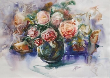 Painting titled "Roses" by Tanya Yavorska, Original Artwork, Watercolor Mounted on Wood Stretcher frame