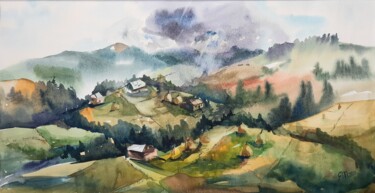 Schilderij getiteld "Mountains and fields" door Tanya Yavorska, Origineel Kunstwerk, Aquarel Gemonteerd op Andere stijve pan…