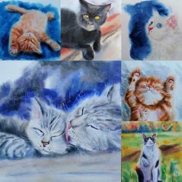 Schilderij getiteld "Сute cats / Chats m…" door Tatianaku, Origineel Kunstwerk, Aquarel